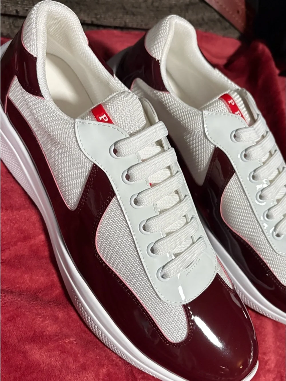 Prada White and Burgundy Low-Top Men's Sneakers - Picture 2 of 6